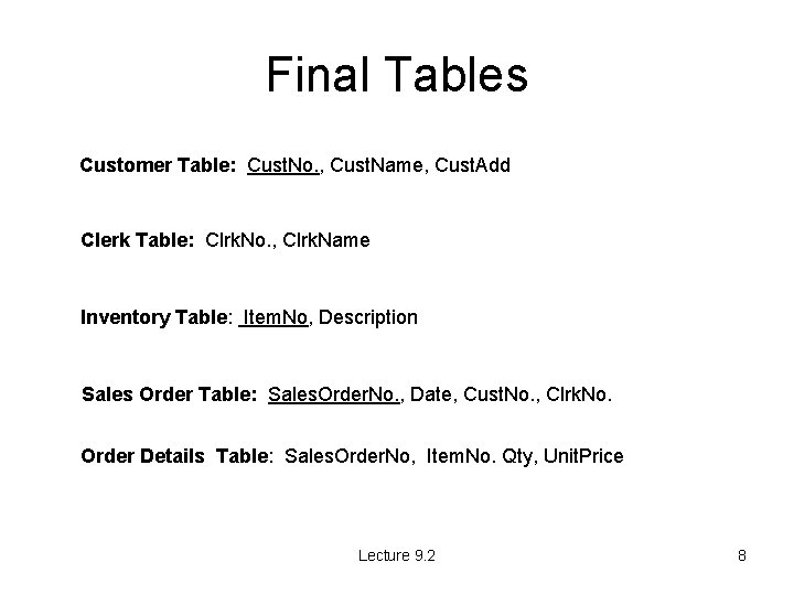 Final Tables Customer Table: Cust. No. , Cust. Name, Cust. Add Clerk Table: Clrk.