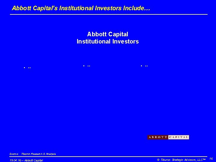 Abbott Capital’s Institutional Investors Include… Abbott Capital Institutional Investors • -- Source: Tiburon Research