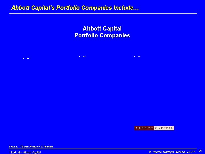 Abbott Capital’s Portfolio Companies Include… Abbott Capital Portfolio Companies • -- Source: Tiburon Research