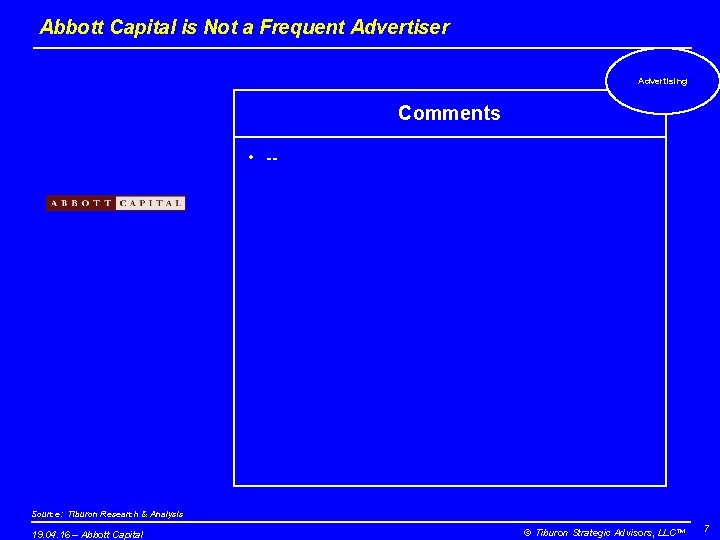 Abbott Capital is Not a Frequent Advertiser Advertising Comments • -- Source: Tiburon Research