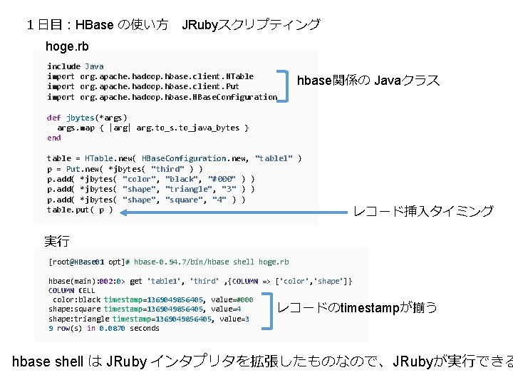 １日目：HBase の使い方 JRubyスクリプティング hoge. rb include Java import org. apache. hadoop. hbase. client. HTable