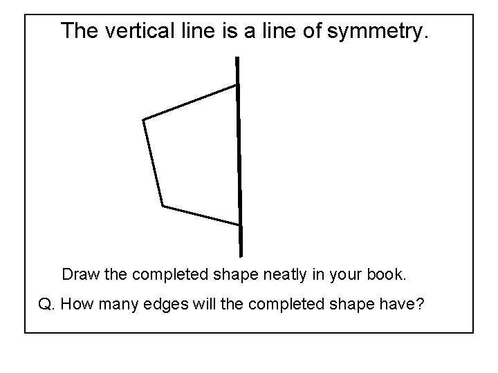 The vertical line is a line of symmetry. Draw the completed shape neatly in