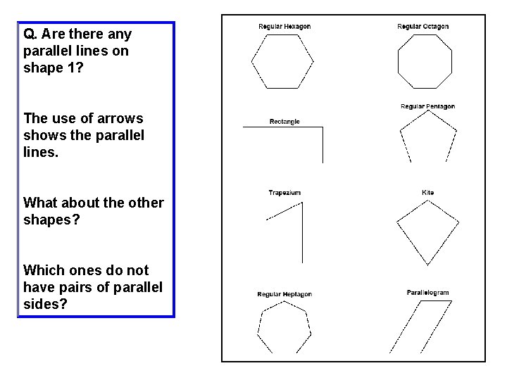 Q. Are there any parallel lines on shape 1? The use of arrows shows