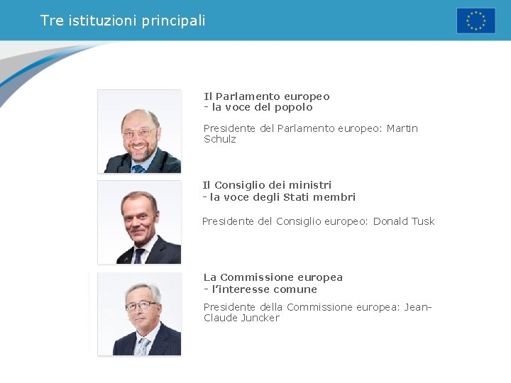 Tre istituzioni principali Il Parlamento europeo - la voce del popolo Presidente del Parlamento