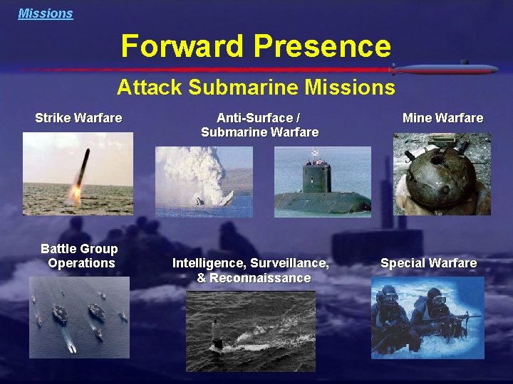 Missions Forward Presence Attack Submarine Missions Strike Warfare Battle Group Operations Anti-Surface / Submarine Missions Forward Presence Attack Submarine Missions Strike Warfare Battle Group Operations Anti-Surface / Submarine