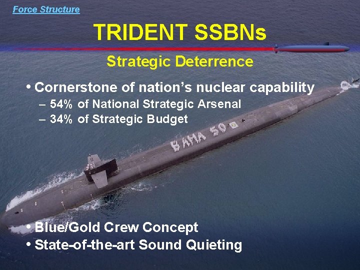 Force Structure TRIDENT SSBNs Strategic Deterrence • Cornerstone of nation’s nuclear capability – 54% Force Structure TRIDENT SSBNs Strategic Deterrence • Cornerstone of nation’s nuclear capability – 54%