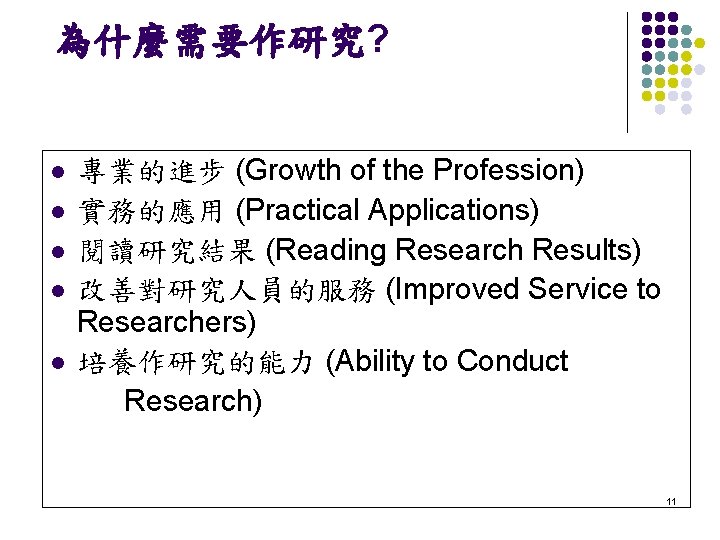  為什麼需要作研究? 專業的進步 (Growth of the Profession) l 實務的應用 (Practical Applications) l 閱讀研究結果 (Reading