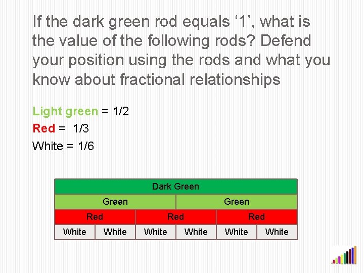 If the dark green rod equals ‘ 1’, what is the value of the