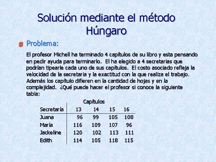 Solución mediante el método Húngaro 4 Problema: El profesor Michell ha terminado 4 capítulos