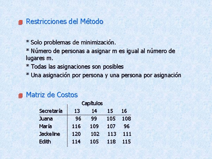 4 Restricciones del Método * Solo problemas de minimización. * Número de personas a