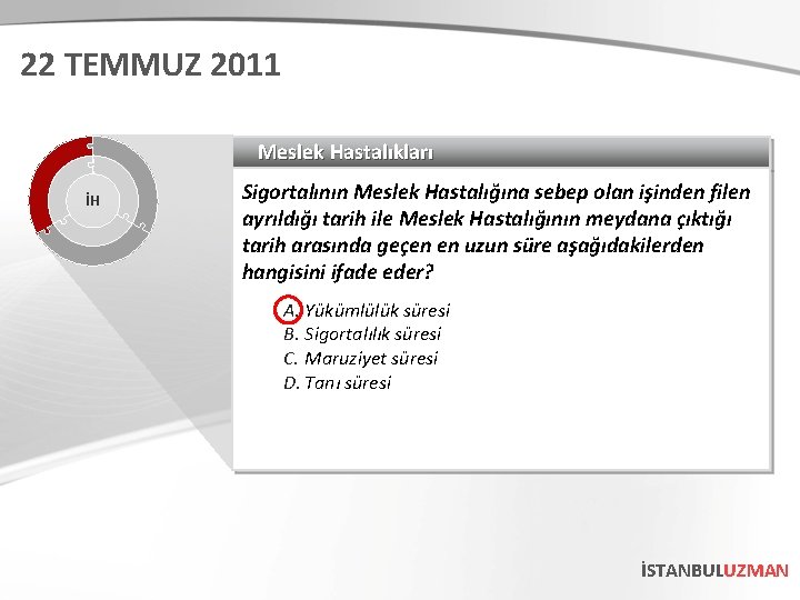 22 TEMMUZ 2011 Meslek Hastalıkları İH Sigortalının Meslek Hastalığına sebep olan işinden filen ayrıldığı