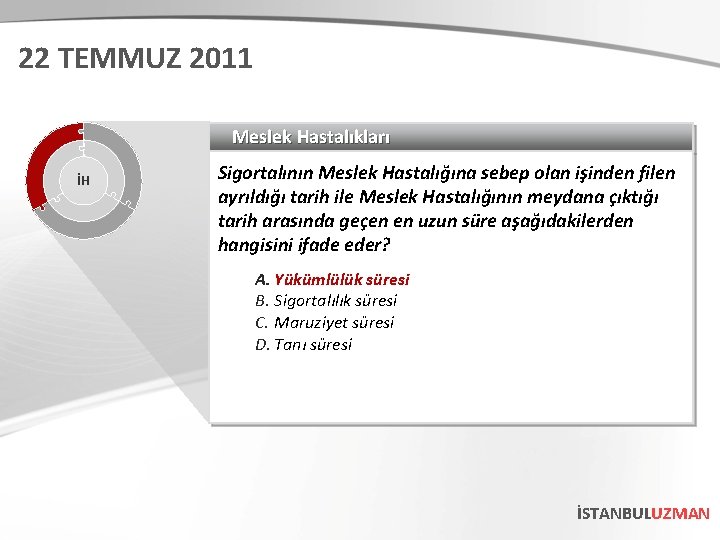 22 TEMMUZ 2011 Meslek Hastalıkları İH Sigortalının Meslek Hastalığına sebep olan işinden filen ayrıldığı