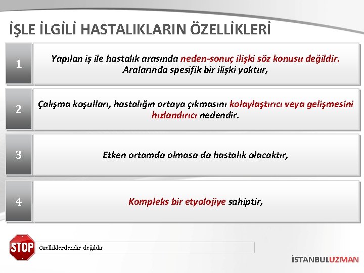 İŞLE İLGİLİ HASTALIKLARIN ÖZELLİKLERİ 1 Yapılan iş ile hastalık arasında neden-sonuç ilişki söz konusu