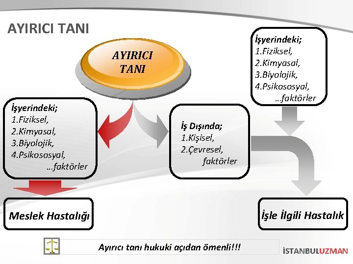 AYIRICI TANI İşyerindeki; 1. Fiziksel, 2. Kimyasal, 3. Biyolojik, 4. Psikososyal, …faktörler İş Dışında;