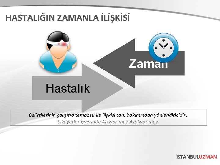 HASTALIĞIN ZAMANLA İLİŞKİSİ Zaman Hastalık Belirtilerinin çalışma temposu ile ilişkisi tanı bakımından yönlendiricidir. Şikayetler