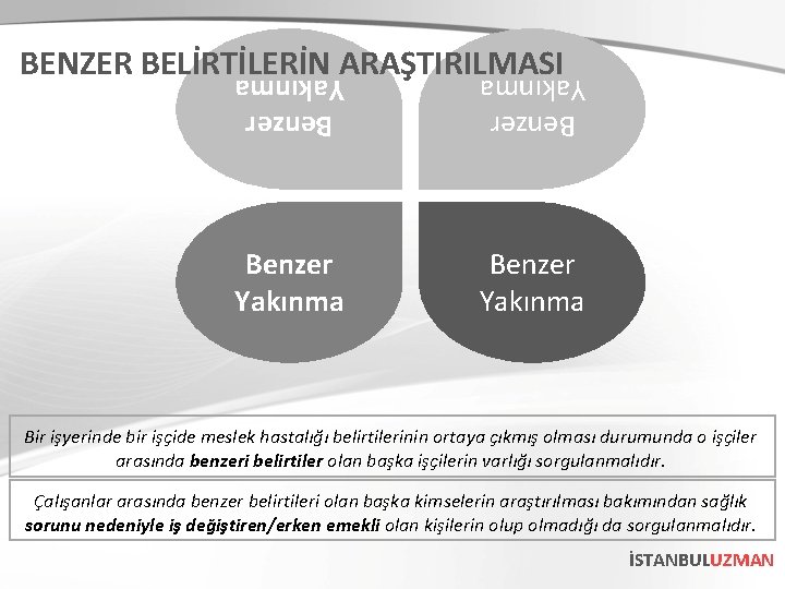 BENZER BELİRTİLERİN ARAŞTIRILMASI Benzer Yakınma Bir işyerinde bir işçide meslek hastalığı belirtilerinin ortaya çıkmış