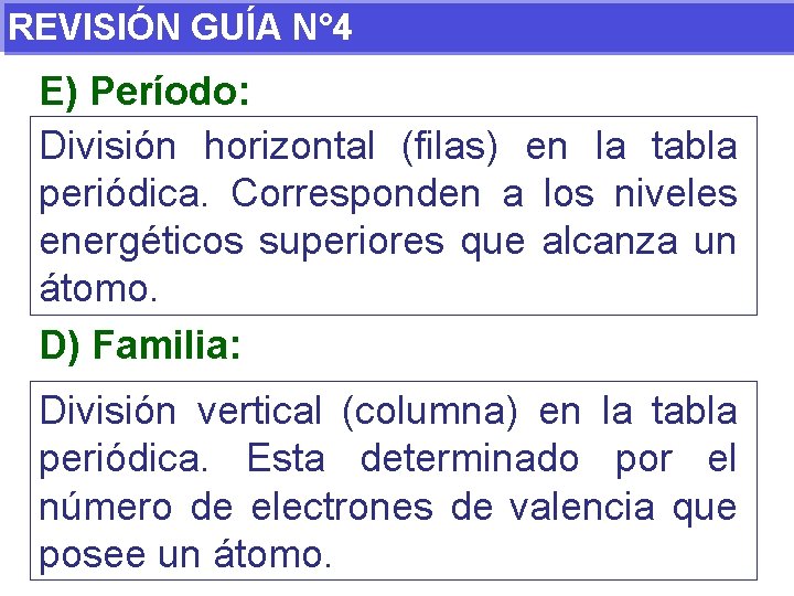 REVISIÓN GUÍA N° 4 E) Período: División horizontal (filas) en la tabla periódica. Corresponden