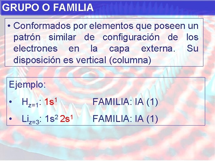GRUPO O FAMILIA • Conformados por elementos que poseen un patrón similar de configuración