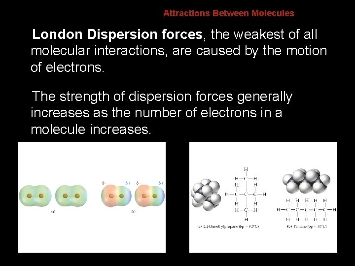 Attractions Between Molecules 8. 4 London Dispersion forces, the weakest of all molecular interactions,
