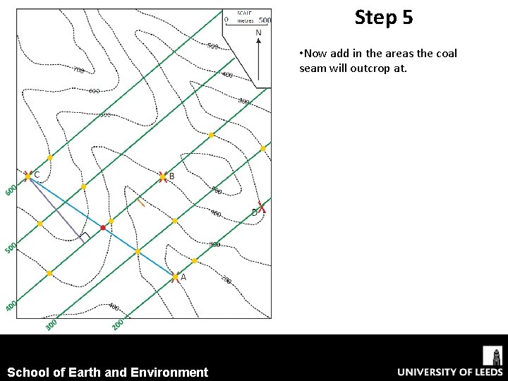 Step 5 • Now add in the areas the coal seam will outcrop at. Step 5 • Now add in the areas the coal seam will outcrop at.