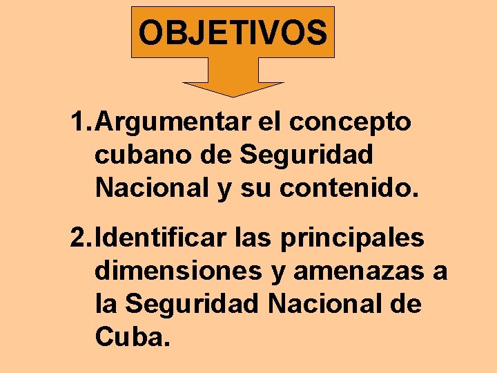 OBJETIVOS 1. Argumentar el concepto cubano de Seguridad Nacional y su contenido. 2. Identificar