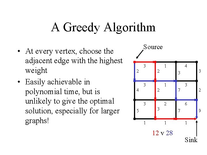 A Greedy Algorithm • At every vertex, choose the adjacent edge with the highest A Greedy Algorithm • At every vertex, choose the adjacent edge with the highest