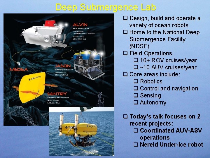 Deep Submergence Lab q Design, build and operate a variety of ocean robots q