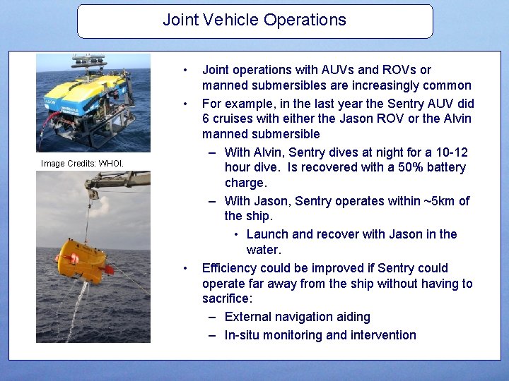 Joint Vehicle Operations • • Image Credits: WHOI. • Joint operations with AUVs and