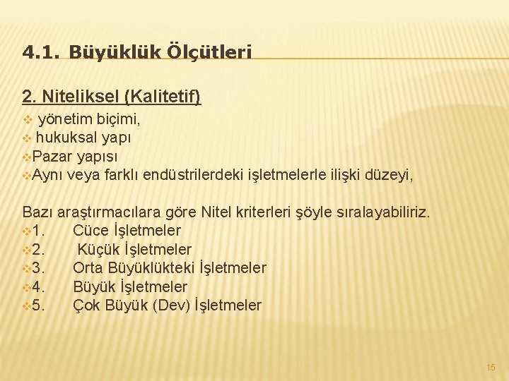 4. 1. Büyüklük Ölçütleri 2. Niteliksel (Kalitetif) yönetim biçimi, v hukuksal yapı v. Pazar