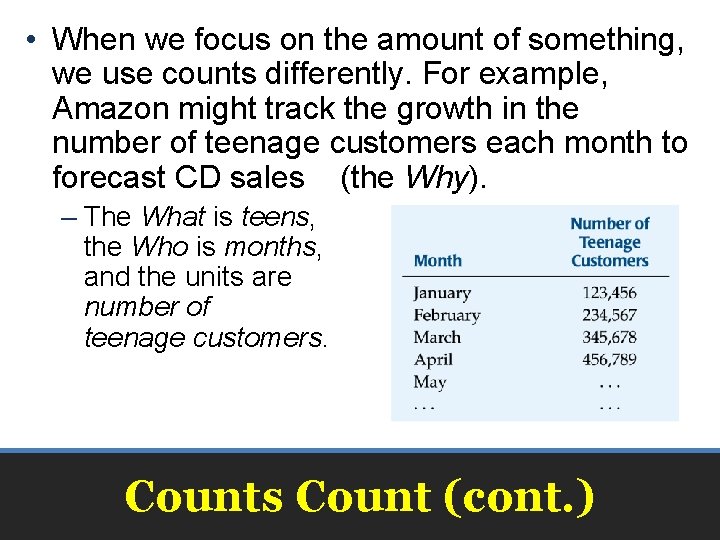  • When we focus on the amount of something, we use counts differently.