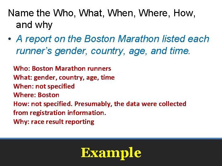 Name the Who, What, When, Where, How, and why • A report on the