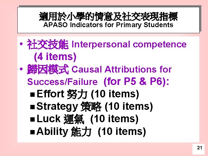 適用於小學的情意及社交表現指標 APASO Indicators for Primary Students • 社交技能 Interpersonal competence (4 items) • 歸因模式