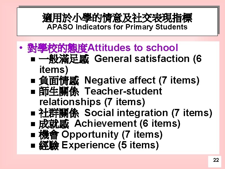 適用於小學的情意及社交表現指標 APASO Indicators for Primary Students • 對學校的態度Attitudes to school n 一般滿足感 General satisfaction