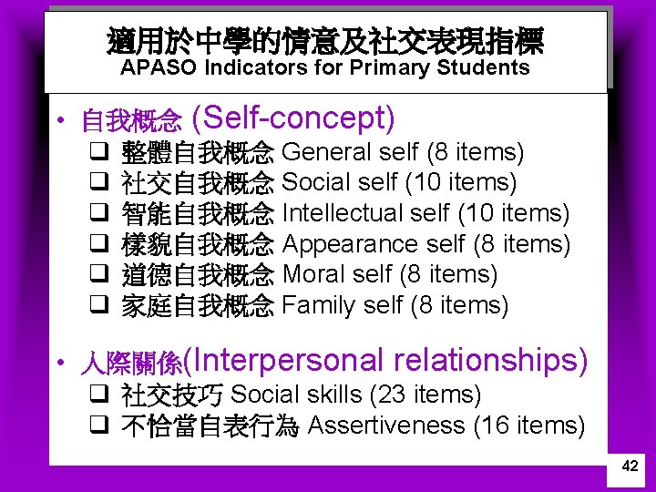 適用於中學的情意及社交表現指標 APASO Indicators for Primary Students • 自我概念 (Self-concept) q 整體自我概念 General self (8