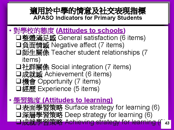 適用於中學的情意及社交表現指標 APASO Indicators for Primary Students • 對學校的態度 (Attitudes to schools) q 整體滿足感 General