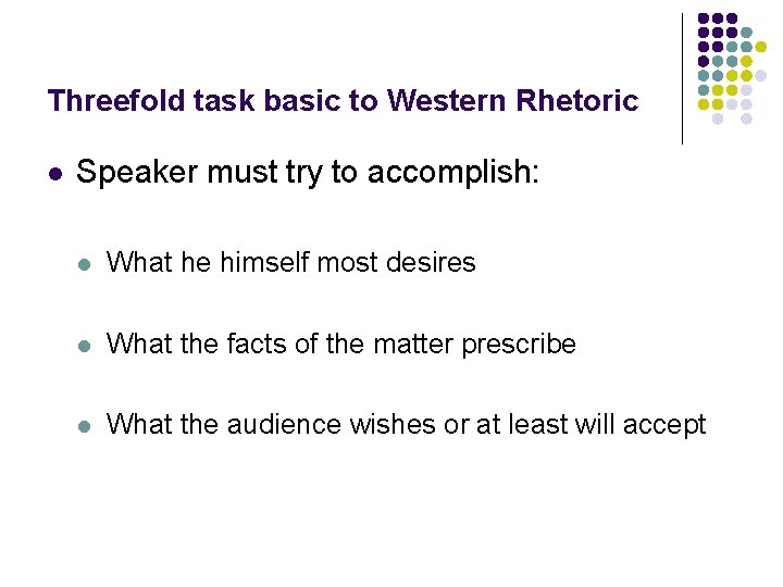 Threefold task basic to Western Rhetoric l Speaker must try to accomplish: l What