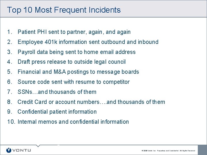 Top 10 Most Frequent Incidents 1. Patient PHI sent to partner, again, and again Top 10 Most Frequent Incidents 1. Patient PHI sent to partner, again, and again