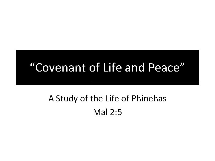 “Covenant of Life and Peace” A Study of the Life of Phinehas Mal 2:
