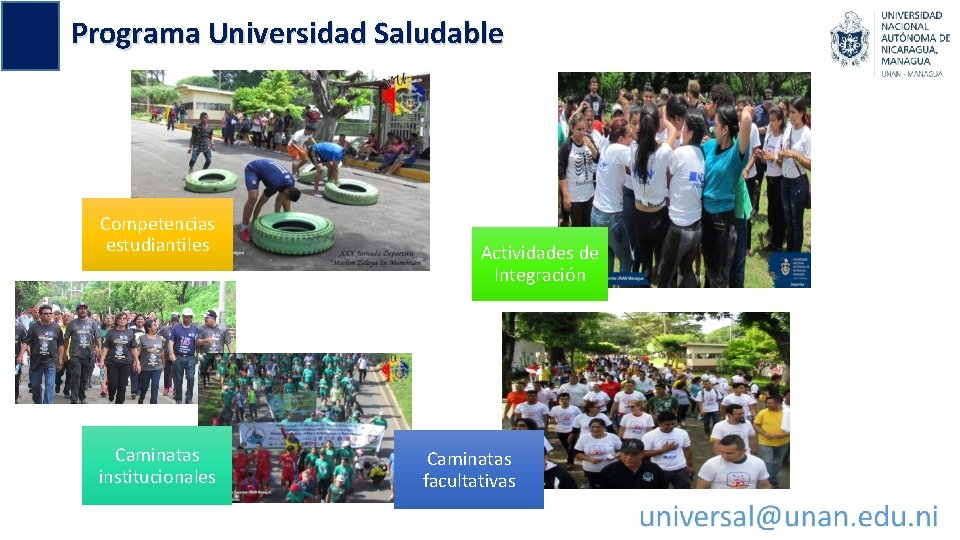 Programa Universidad Saludable Competencias estudiantiles Caminatas institucionales Actividades de Integración Caminatas facultativas 