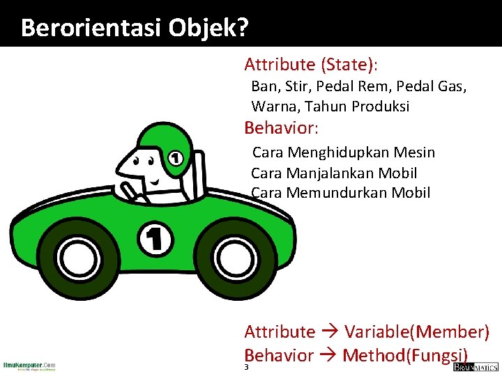 Berorientasi Objek? Attribute (State): Ban, Stir, Pedal Rem, Pedal Gas, Warna, Tahun Produksi Behavior: