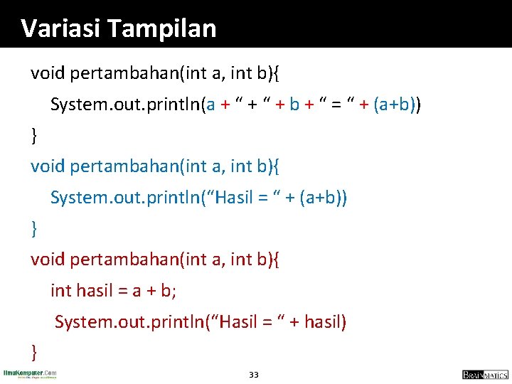 Variasi Tampilan void pertambahan(int a, int b){ System. out. println(a + “ + b