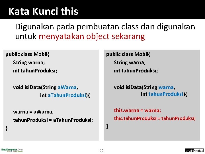 Kata Kunci this Digunakan pada pembuatan class dan digunakan untuk menyatakan object sekarang public