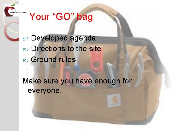 Your “GO” bag Developed agenda Directions to the site Ground rules Make sure you