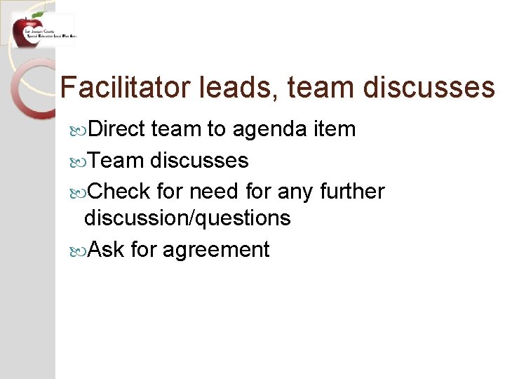 Facilitator leads, team discusses Direct team to agenda item Team discusses Check for need