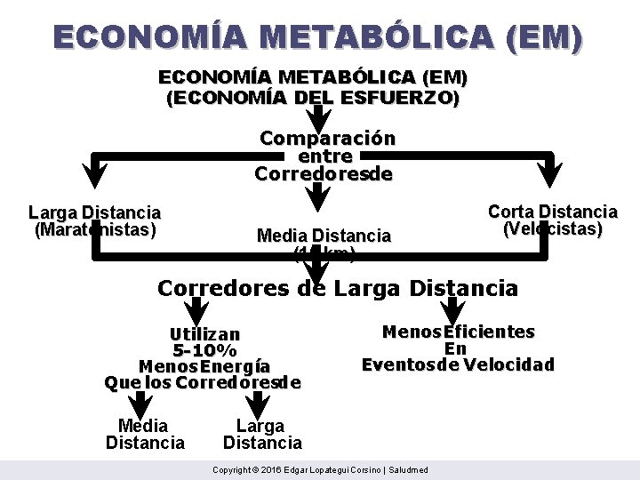 ECONOMÍA METABÓLICA (EM) (ECONOMÍA DEL ESFUERZO) Comparación entre Corredoresde Larga Distancia (Maratonistas) Media Distancia