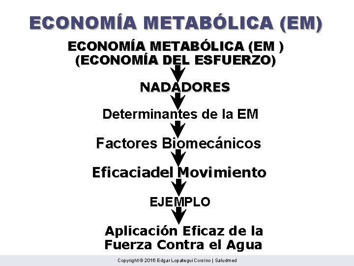 ECONOMÍA METABÓLICA (EM) ECONOMÍA METABÓLICA (EM ) (ECONOMÍA DEL ESFUERZO) NADADORES Determinantes de la