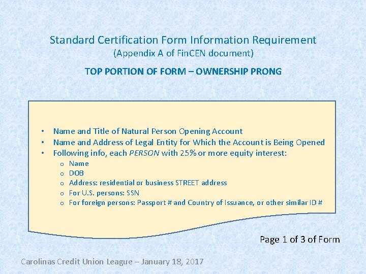 Standard Certification Form Information Requirement (Appendix A of Fin. CEN document) TOP PORTION OF