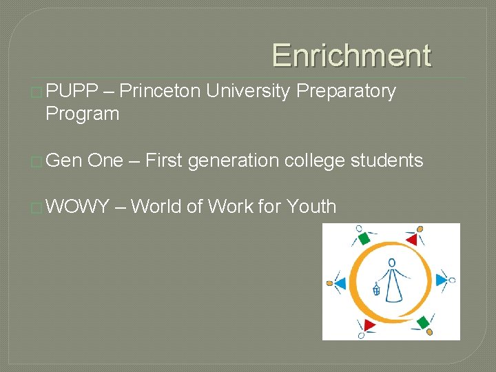 Enrichment � PUPP – Princeton University Preparatory Program � Gen One – First generation