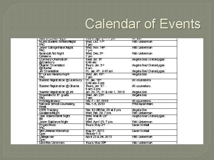 Calendar of Events 