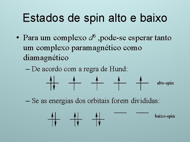 Estados de spin alto e baixo • Para um complexo d 6 , pode-se